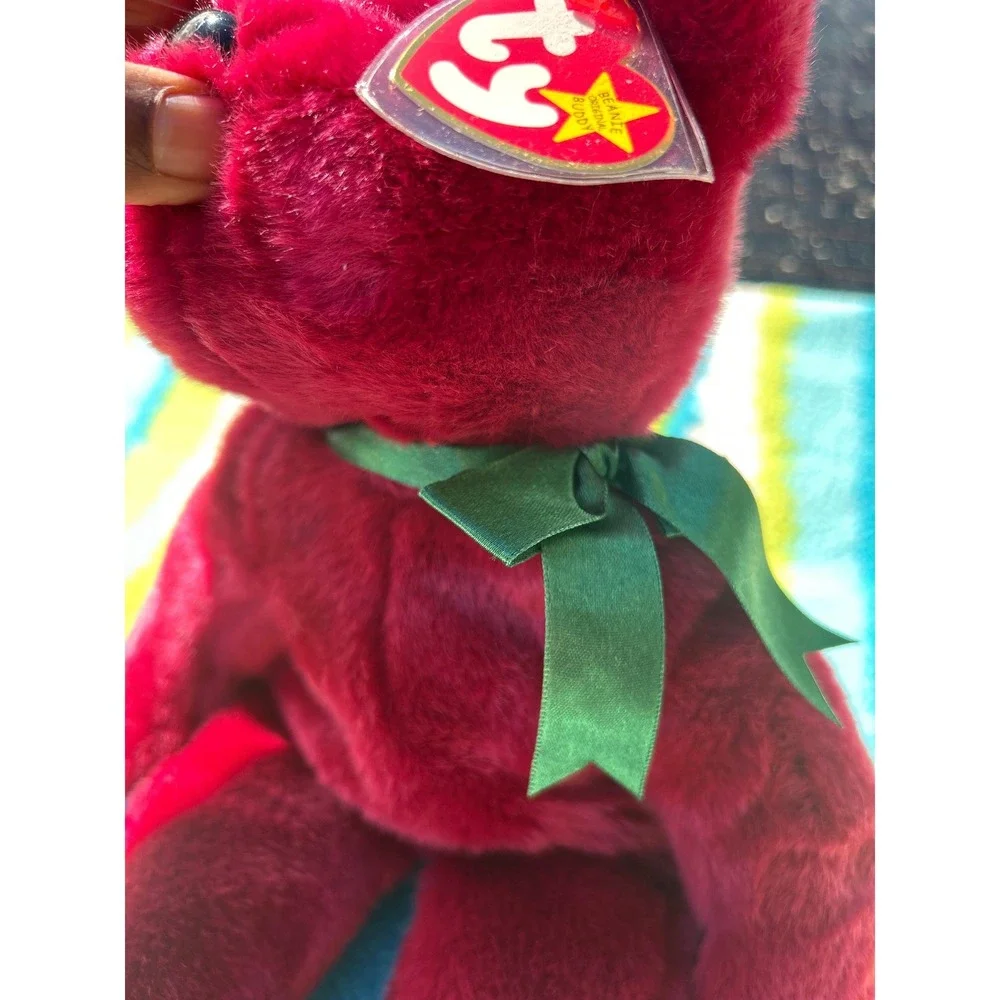 Ty Beanie Buddy Teddy Bear Large Cranberry Red 1998 Excellent Green Ribbon Plush